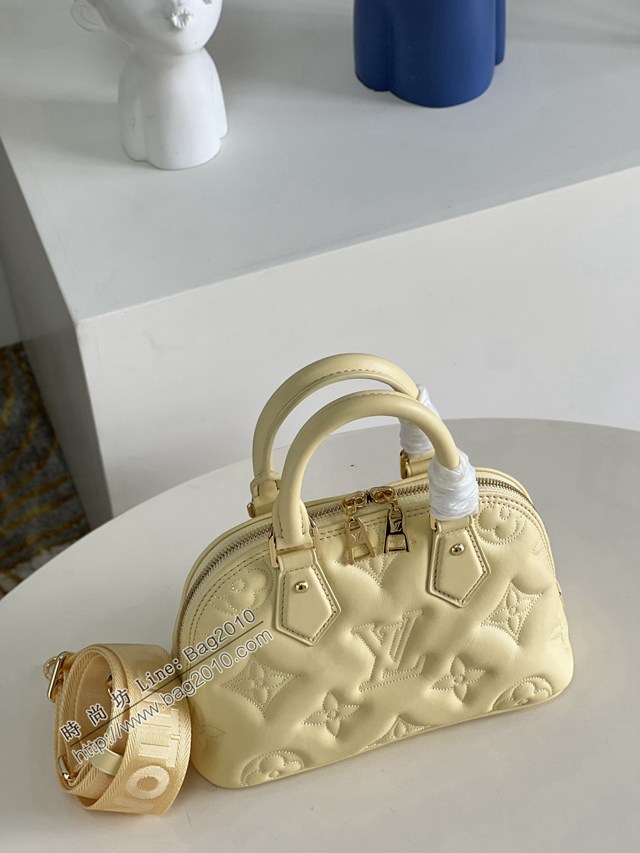 LV專櫃2023新款絎縫牛皮革刺繡Monogram圖案手提女包 M59821黃 路易威登Alma BB手袋貝殼包 dn1200